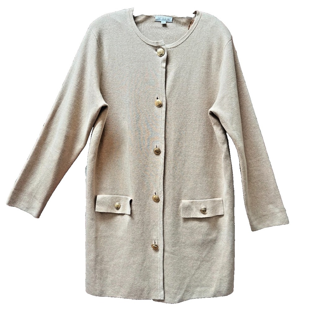 J Crew Women's Long Giselle Sweater‎ Cotton Knit Blazer Medium Beige Gold Button